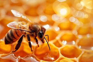 Close Up of Bee on Honeycomb photo