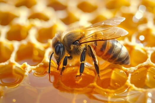 Bee on Honeycomb Close-Up photo