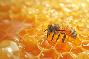 Close Up of Honeycomb With Bee photo