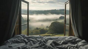 Misty Valley View Through Open Window photo