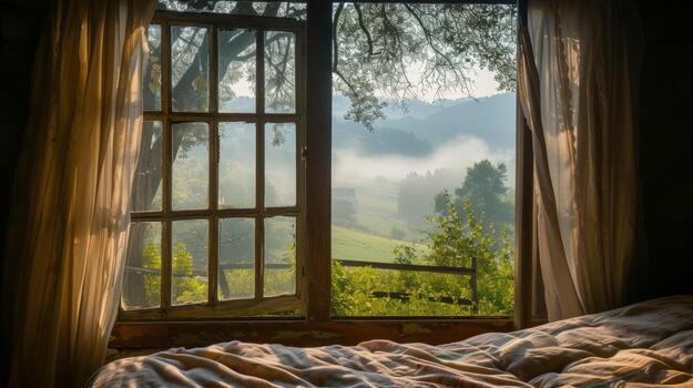 Bed Under Window Next to Forest photo