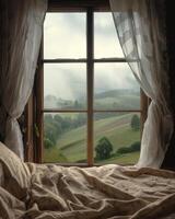 Bed by Window Overlooking Green Field photo