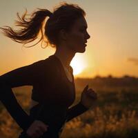 Woman Running in Field at Sunset photo