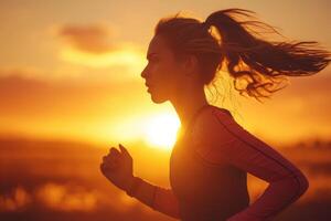 Woman Running at Sunset With Wind-Blown Hair photo