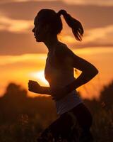 Woman Running in Field at Sunset photo