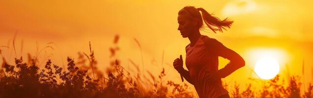 Woman Running in Field at Sunset photo