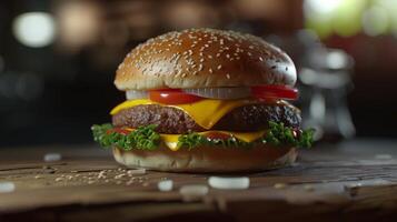 Hamburger on Wooden Table photo