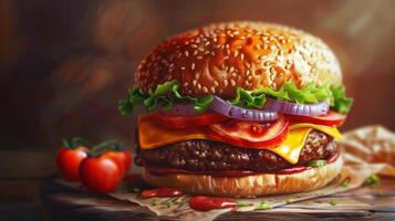 Hamburger Painting With Tomatoes and Onions photo
