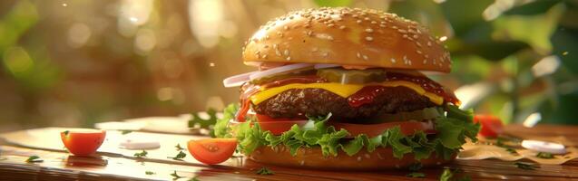 Lettuce and tomato cheeseburger on wooden table photo