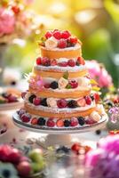 Multi Layer Cake With Berries and Powdered Sugar photo