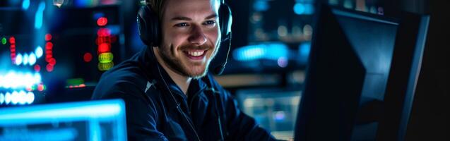 Man Wearing Headphones at Computer photo