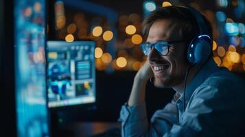 Man Using Headphones at Computer photo