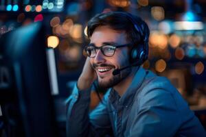 Smiling Man With Glasses and Headset at Computer photo