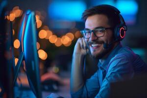 Man Wearing Headphones at Computer photo