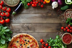Pizza on Wooden Table Surrounded by Vegetables photo