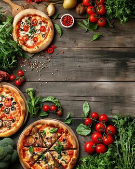 Topped Table With Two Pizzas photo