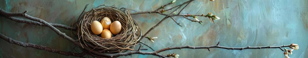 Birds Nest With Four Eggs on Tree Branch photo