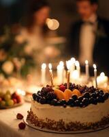 Cake With Candles and Fruit on Table photo