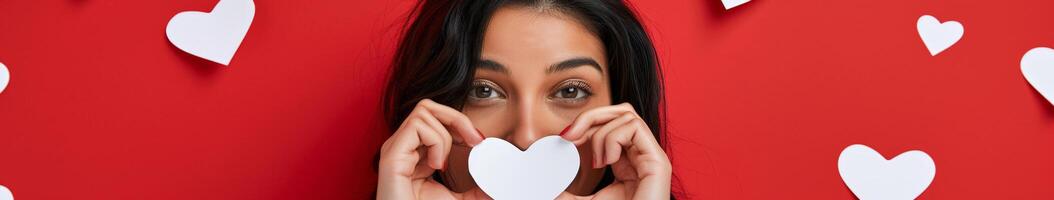 Woman Hiding With a Paper Heart. . photo