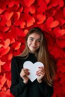 Woman Holding Paper Heart in Front of Wall of Hearts. . photo