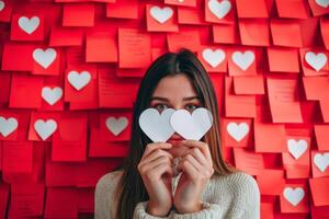 Woman Holding Two Paper Hearts in Front of Her Face. . photo