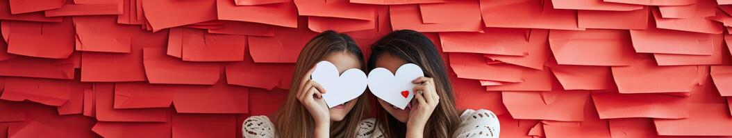 Woman With Two Hearts Painted on Her Face, Joyful Expression of Love and Emotion. . photo