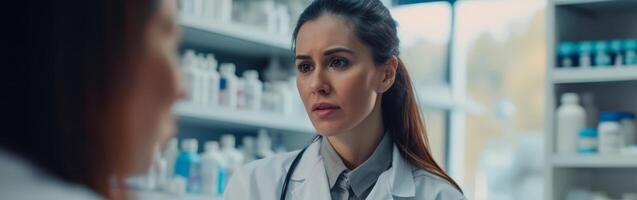 Two Women in White Lab Coats Conversing photo