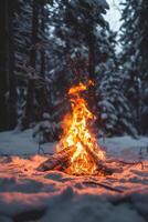 Campfire Illuminating Snowy Forest photo