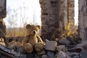 Teddy Bear Perched on Rubble photo