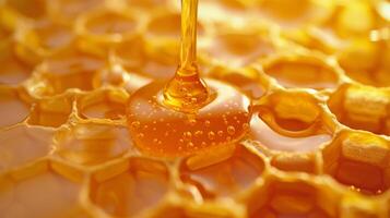 Honey Dripping From Spoon Into Honeycomb photo
