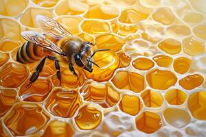 Bee on Honeycomb With Background of Honey photo