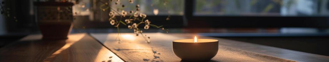 Illuminated Candle by Window photo