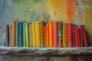 Row of Books on Wooden Shelf photo