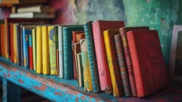 Row of Books on Blue Shelf photo