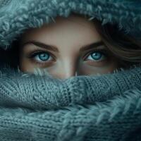 Woman With Blue Eyes Wrapped in Blanket photo