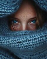 Woman With Blue Eyes Wrapped in Blanket photo