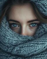 Woman With Blue Eyes Wrapped in Blanket photo