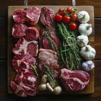 Fresh Meat and Vegetables on Wooden Cutting Board photo