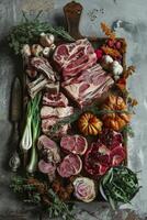 Mixed Meats and Veggies on Cutting Board photo