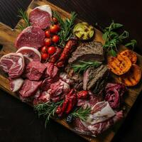 Fresh Meat and Vegetables on Wooden Cutting Board photo