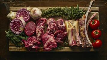 Fresh Meat and Veggies on Wooden Cutting Board photo