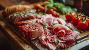 Wooden Board with Fresh Meat and Veggies photo