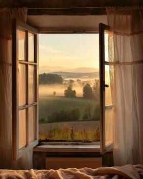 Bedroom With Countryside View Through Window photo