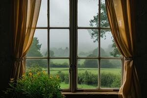 View of Green Field Through Window photo