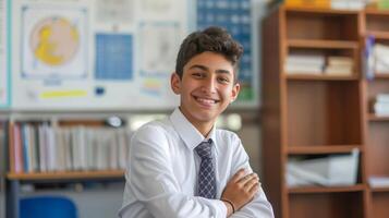 Smiling High School Boy Sitting at Desk in Classroom Setting for Educational and Promotional Design photo