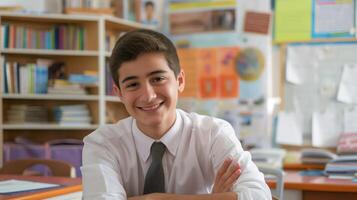 Smiling Middle Eastern High School Student in Classroom, Education and Learning Environment, Diversity in Education photo
