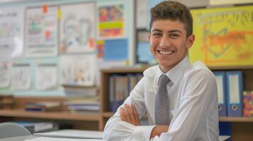 Confident Middle Eastern High School Student Smiling in Classroom Environment, Ideal for Educational and Academic Themes photo