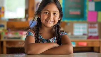 Smiling Native American Elementary School Girl in Classroom Setting for Educational Themes and Diversity Representation photo