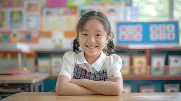 Smiling Young Korean Girl Sitting at School Desk in Cheerful Classroom, Education, Diversity Concept for Print and Poster Design photo