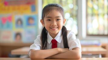 Smiling Southeast Asian Elementary School Girl in Uniform in a Bright Classroom photo